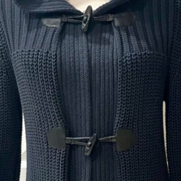 SAKS FIFTH AVENUE CARDIGAN HOODED SWEATER FISHERMAN CHUNKY 100% COTTON NAVY BLUE - Picture 6 of 14